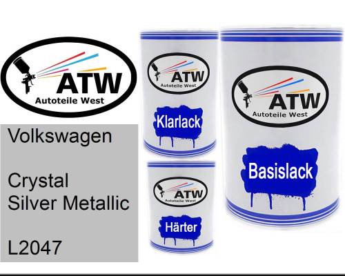 Volkswagen, Crystal Silver Metallic, L2047: 500ml Lackdose + 500ml Klarlack + 250ml Härter - Set, von ATW Autoteile West.